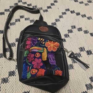 Costa Rican Black Pleather Crossbody Bag With Beautiful Embroidery